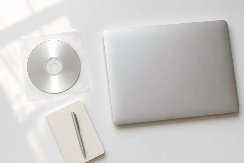 白い机に置かれた無地のDVD-Rと透明のスリーブ、閉じたノートパソコン、ノートとペン