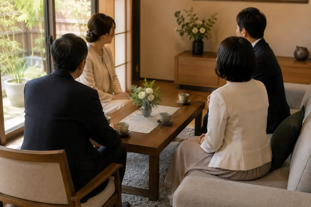和室で低いテーブルを挟んで座る4人。手前に年配の男女、奥に若い男女。全員が後ろ姿と横向きで顔ははっきり写っていない