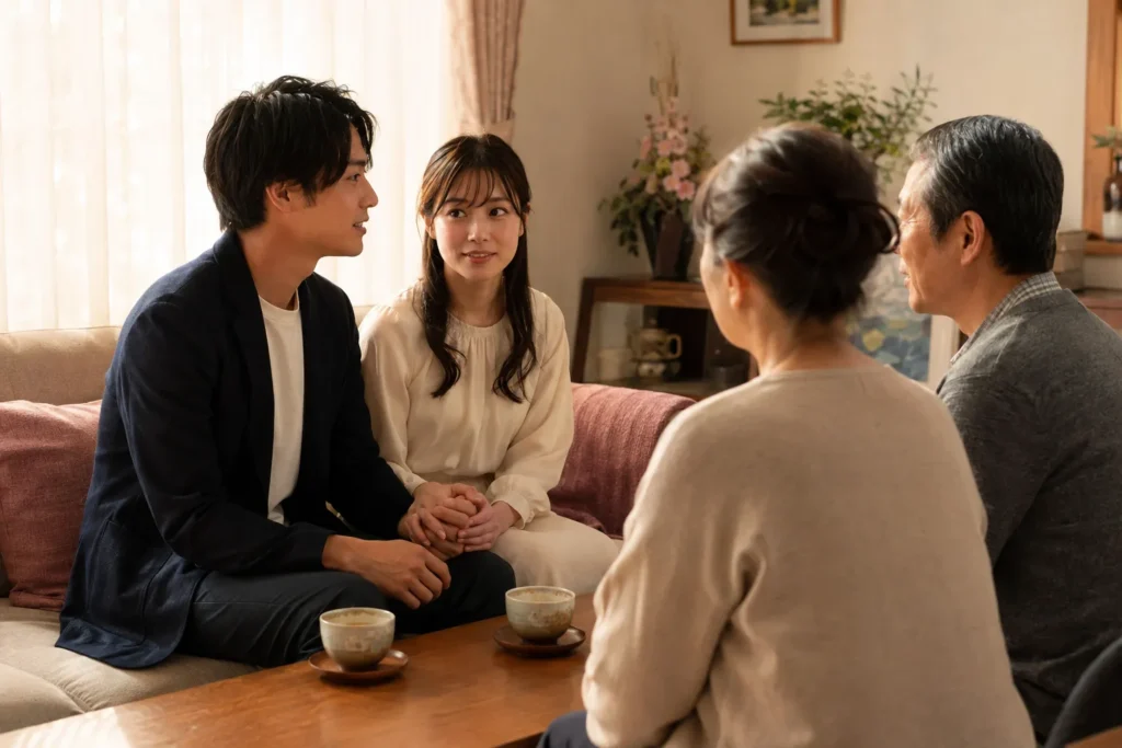 ソファで両親に妊娠と結婚の報告をする若いカップル