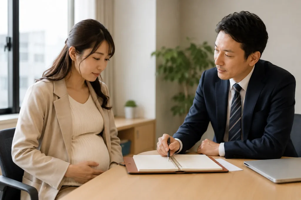 オフィスで上司に妊娠を報告し、手帳を見ながら相談する女性