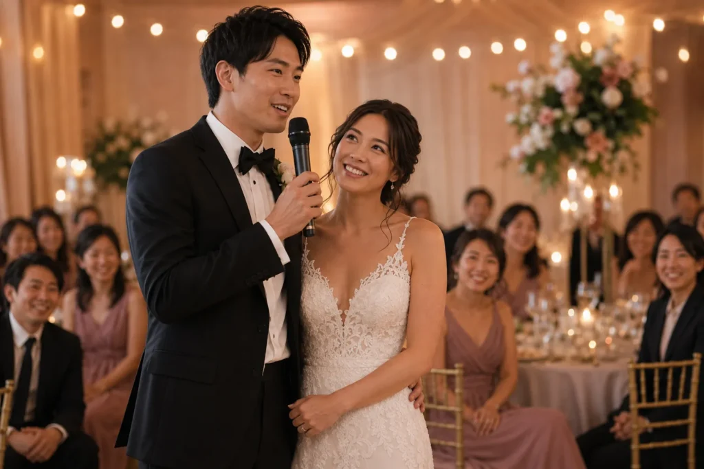 披露宴でウェルカムスピーチをしながら新婦に寄り添う新郎