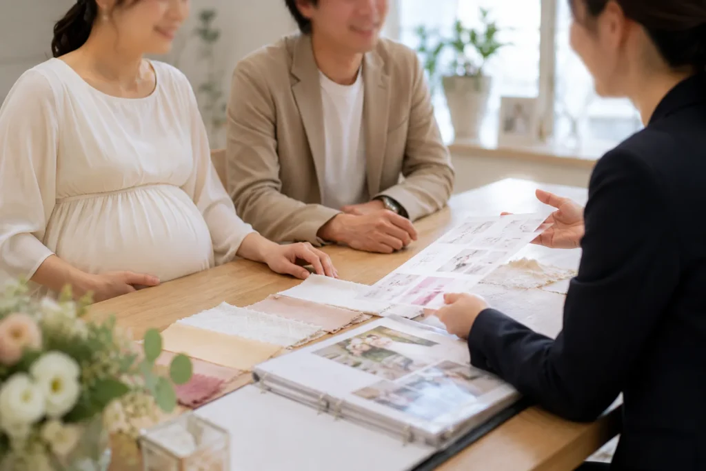 妊娠中の花嫁と新郎が、式場のプランナーと布サンプルを見ながら打ち合わせをしている様子