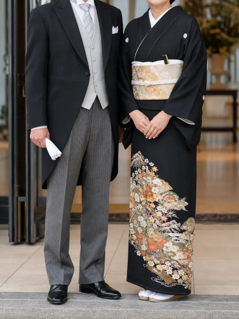 結婚式の両親の正礼装。父親はモーニングコートにグレーの縞ズボンとシルバーのネクタイ、母親は五つ紋の黒留袖に金の帯と白の帯揚げ・帯締め