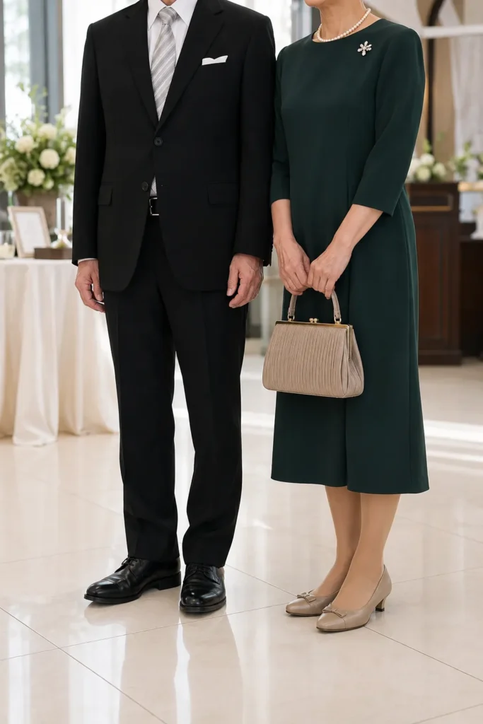 結婚式のおじ・おばの服装例。おじはブラックスーツ、おばはミディ丈のダークグリーンのフォーマルドレスにパールとブローチ