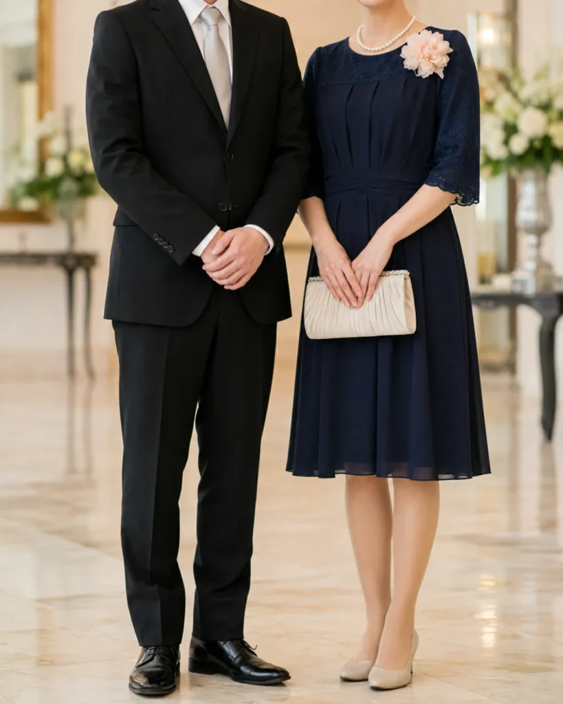 結婚式の兄弟姉妹の服装例。兄はブラックスーツに白シャツとシルバーのネクタイ、姉妹は膝丈のネイビードレスにパールとコサージュ
