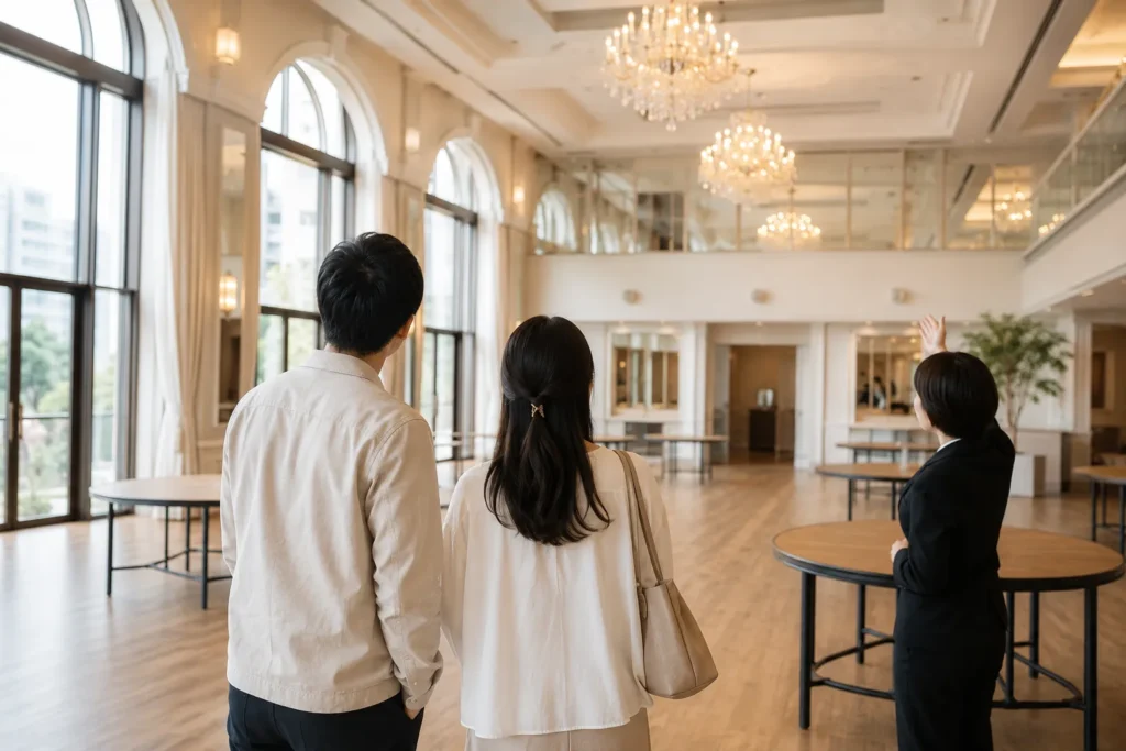 見学中の披露宴会場で、スタッフの説明を聞きながら天井を見上げる新郎新婦の後ろ姿。大きな窓とシャンデリアがある