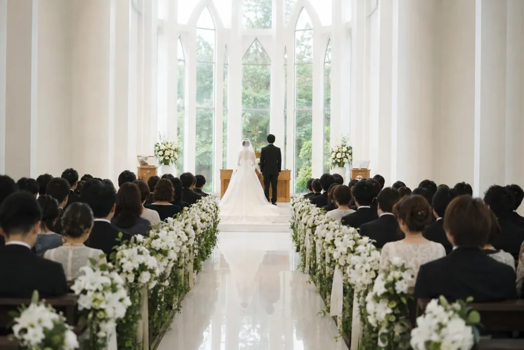 白いチャペルの中央通路の奥で祭壇に向かって立つウエディングドレスの新婦とタキシードの新郎。両側の席にゲストが座り、通路には白い花が並んでいる
