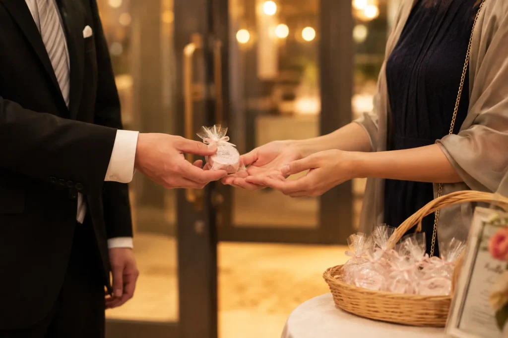 会場の出口で、透明な袋に入った小さな焼き菓子を差し出す礼服姿の男性と、両手で受け取る女性。二人とも顔は写っていない。手前のテーブルにかごが置かれている