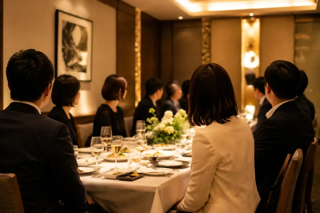 個室で長いテーブルを囲んで座る礼装の人たち。全員が後ろ姿と横向きで顔ははっきり写っていない。テーブルには料理とグラス、白い花が置かれている