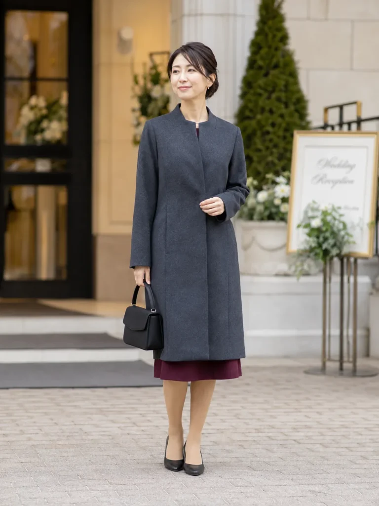 冬の結婚式の女性ゲストのコート姿。無地のチャコールグレーのウールコートの下にボルドーのドレス、ベージュのストッキングと黒のパンプス