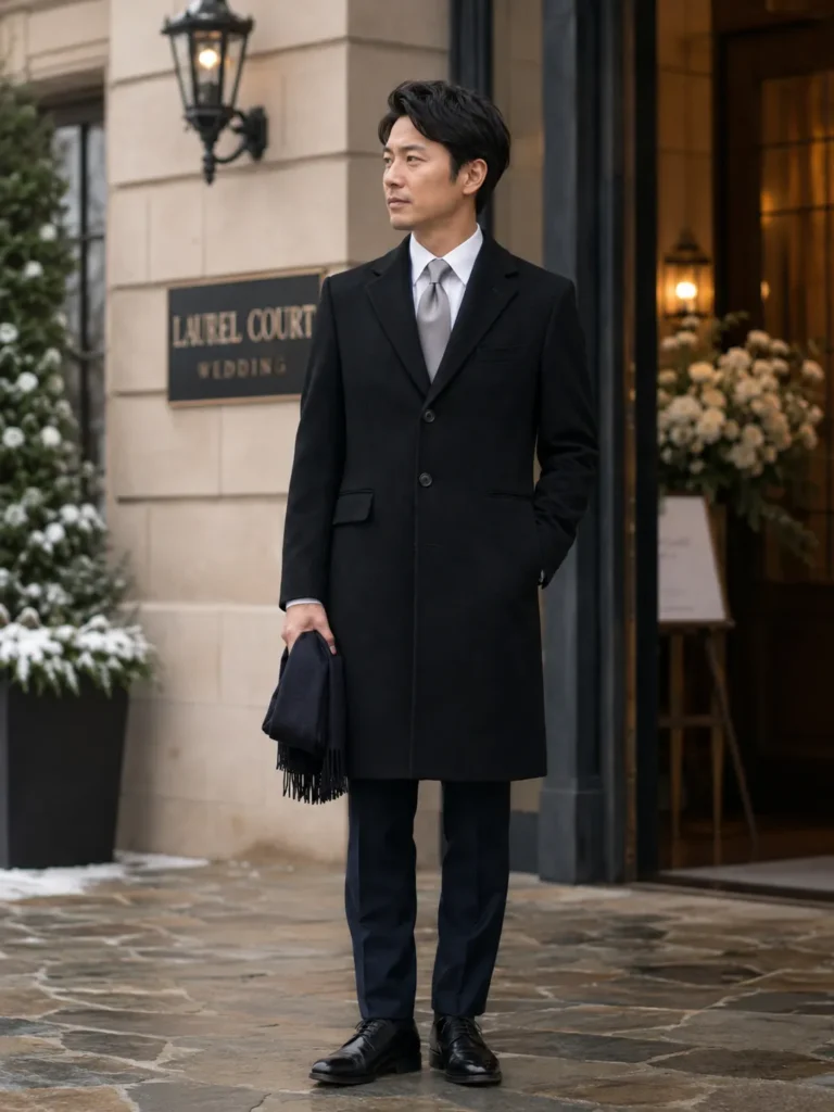 冬の結婚式の男性ゲストのコート姿。黒のチェスターコートにネイビーのスーツ、白いシャツとシルバーグレーのネクタイ、黒の革靴。濃紺のマフラーを手に持っている