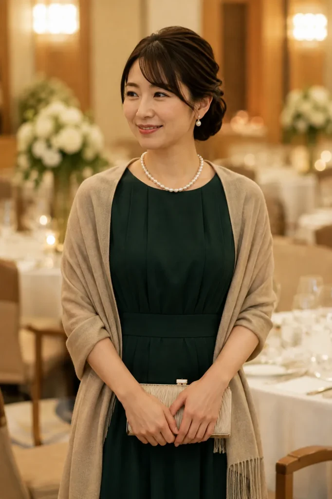 披露宴会場の中でストールを羽織った女性ゲスト。深いグリーンの袖ありドレスにベージュのカシミヤのストール、パールのネックレスとイヤリング