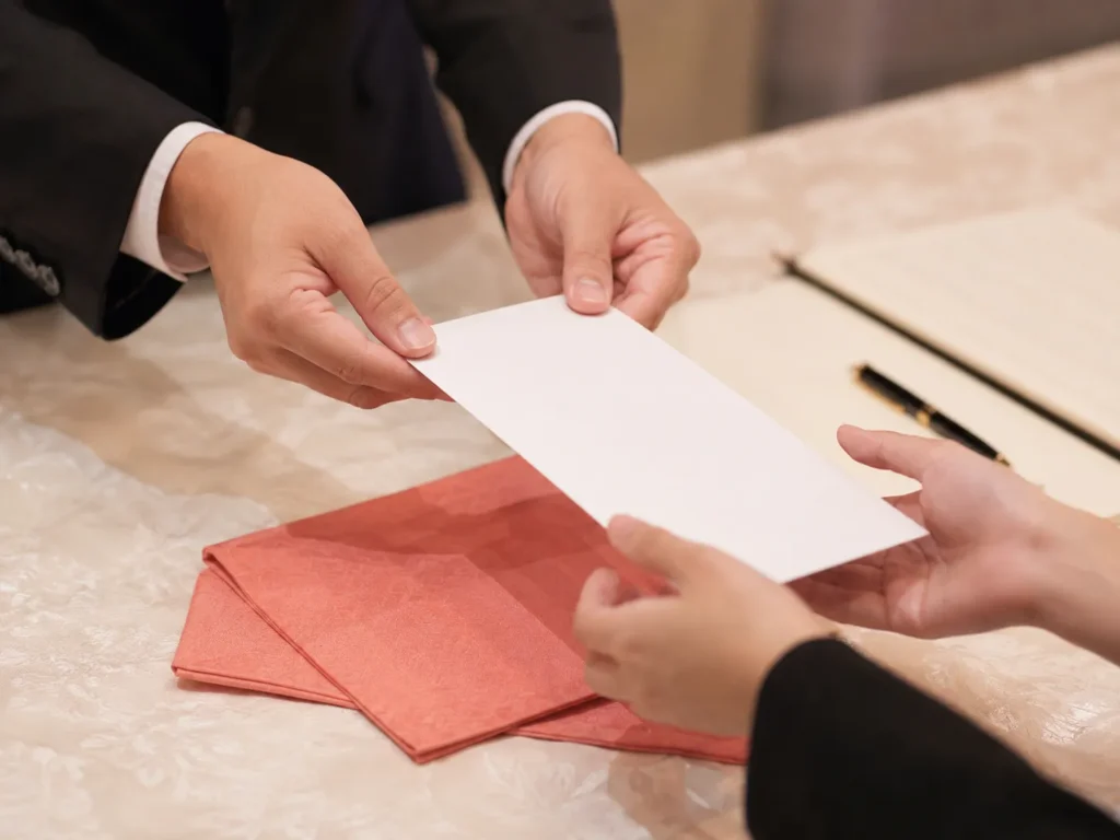 結婚式の受付でご祝儀を渡す場面。両手で持ったご祝儀袋を受付係へ差し出し、開いたコーラルピンクの袱紗がテーブルに置かれている