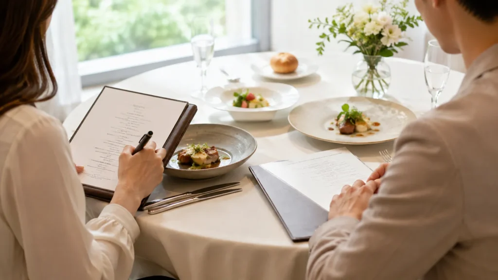 式場の試食会で、メニュー表に書き込みをしながら数皿の料理を前にしている二人。窓の外は緑で、テーブルには白い花が置かれている