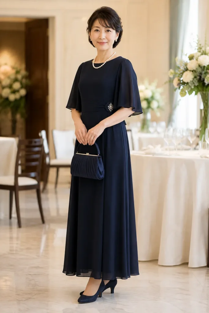 結婚式の母親の洋装例。ネイビーのくるぶし丈フォーマルドレスに袖つきのシフォン、パールのネックレスとイヤリング、ネイビーのバッグとパンプス