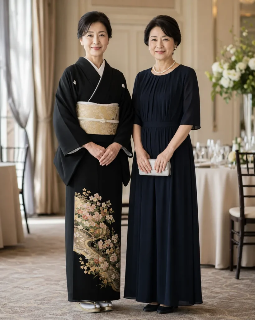 結婚式の両家の母親の服装例。一方は黒留袖に金の袋帯と白の帯揚げ・帯締め、もう一方はネイビーのくるぶし丈のフォーマルドレスにパールのネックレス