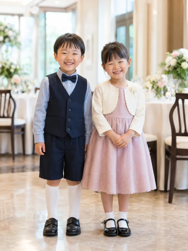 結婚式の未就学児の服装例。男の子は水色のシャツにネイビーのベストと蝶ネクタイ、ハーフパンツに白のハイソックス。女の子はくすみピンクのワンピースにクリーム色のボレロと白のソックス
