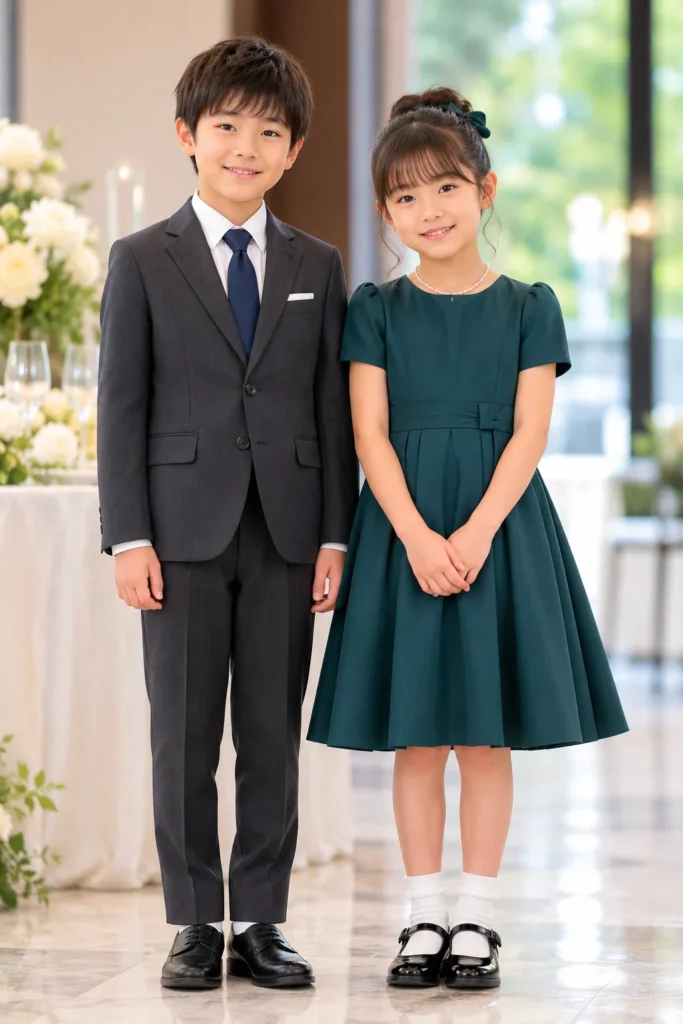 結婚式の小学生の服装例。男の子は白のシャツにチャコールグレーのジャケットとネイビーのネクタイ、長ズボンに黒の革靴。女の子は袖のあるダークグリーンのドレスに白のソックス