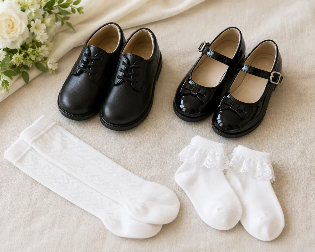 結婚式の子どもの靴と靴下。男の子用の黒の革靴と白のハイソックス、女の子用の黒のエナメルのストラップシューズとレース付きの白いソックス