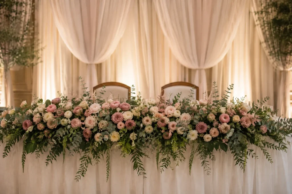 結婚式の高砂の装花。長テーブルの前面に沿って、くすんだピンクとクリームのバラ、ラナンキュラス、ユーカリをボリュームたっぷりに飾った様子