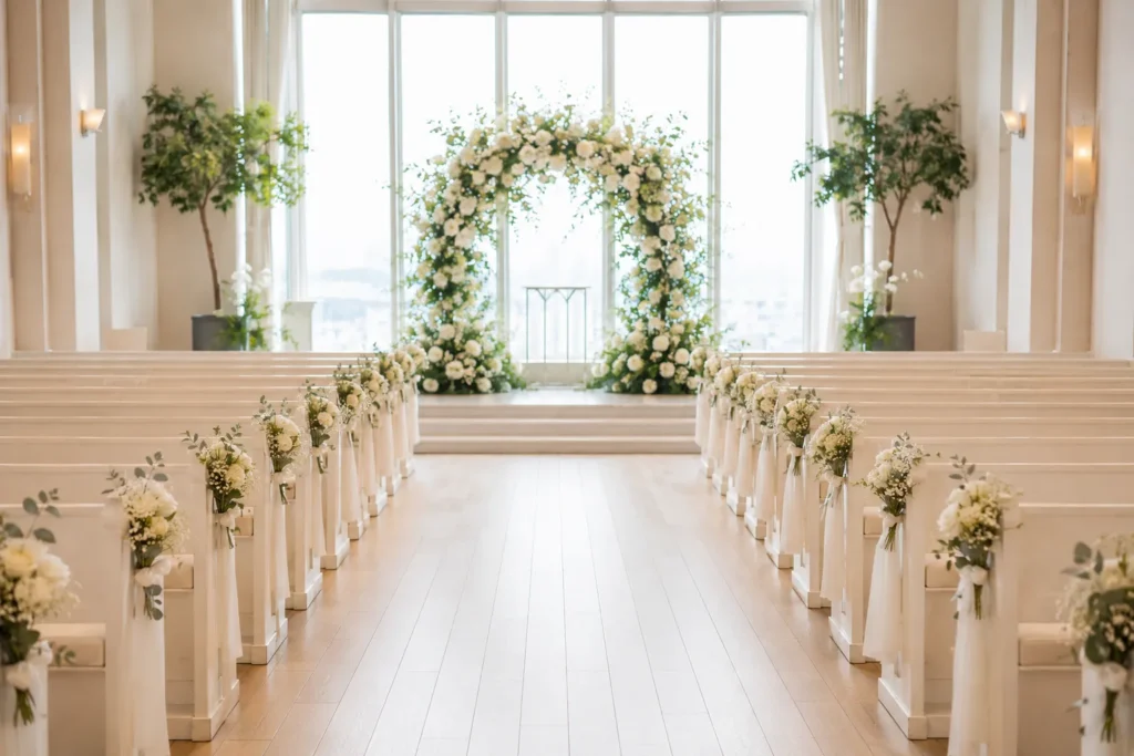 結婚式の挙式会場の装花。祭壇に白い花のアーチが組まれ、バージンロードの両脇では椅子の端に小さな花飾りが列ごとに並んでいる
