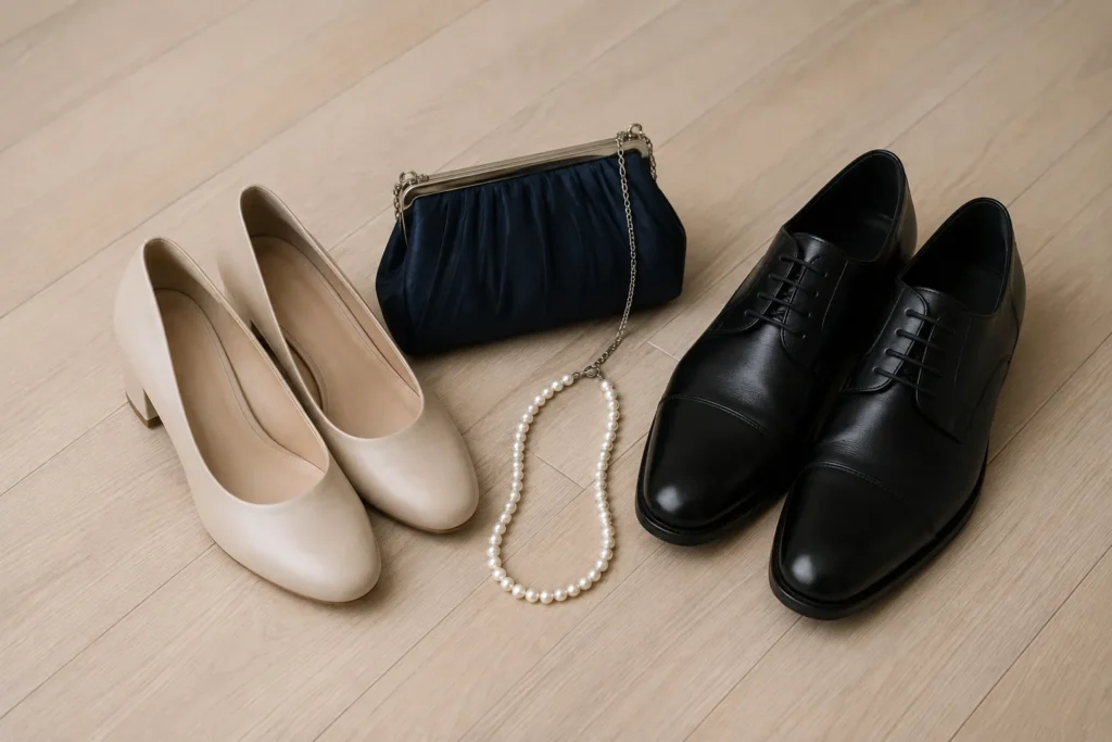 木の床に並べた、ベージュのつま先が覆われたパンプス、紺のクラッチバッグ、パールのネックレス、黒い革靴