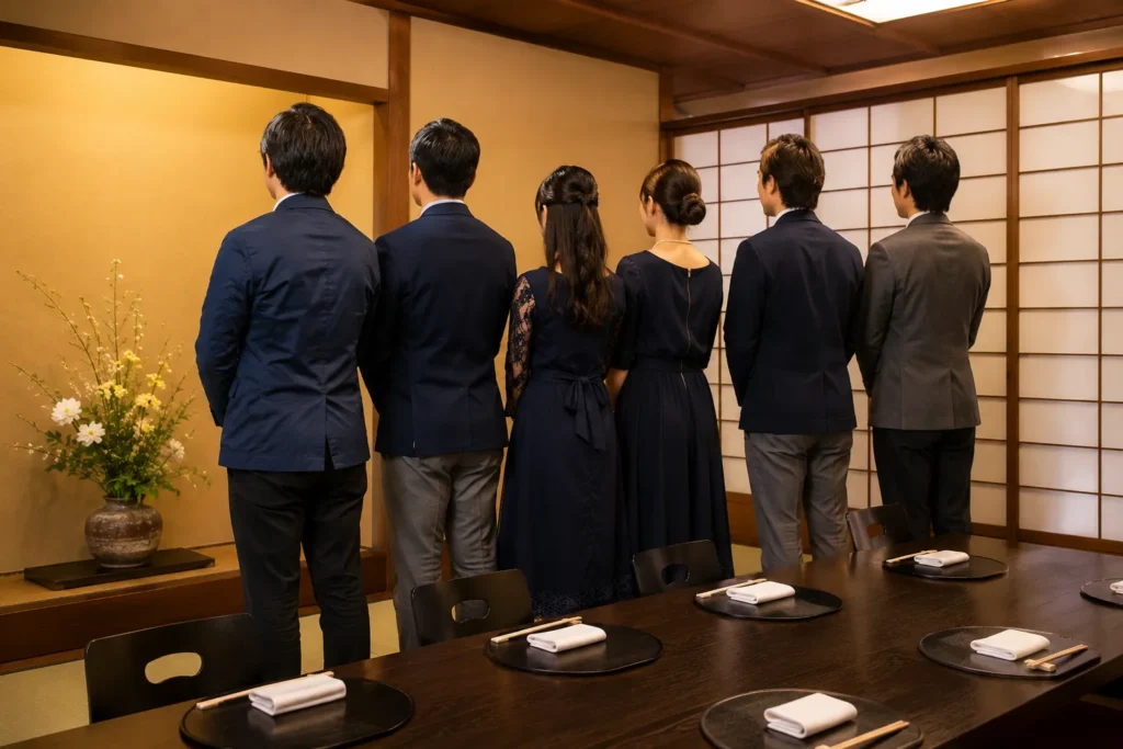 料亭の座敷で並んで立つ6人の後ろ姿。全員が紺やグレー、黒の装いでそろえている。顔は写っていない