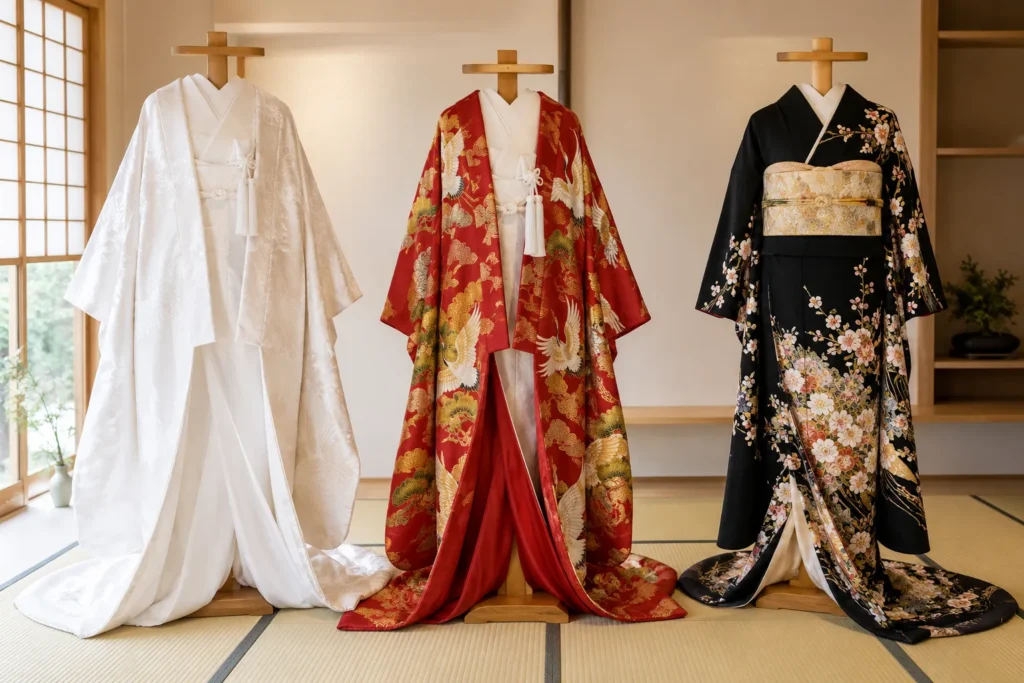 和室に並べた3着の花嫁衣装。左は白無垢、中央は赤地に金の鶴の色打掛、右は黒地に花柄の引き振袖で、腰に金の帯が見えている