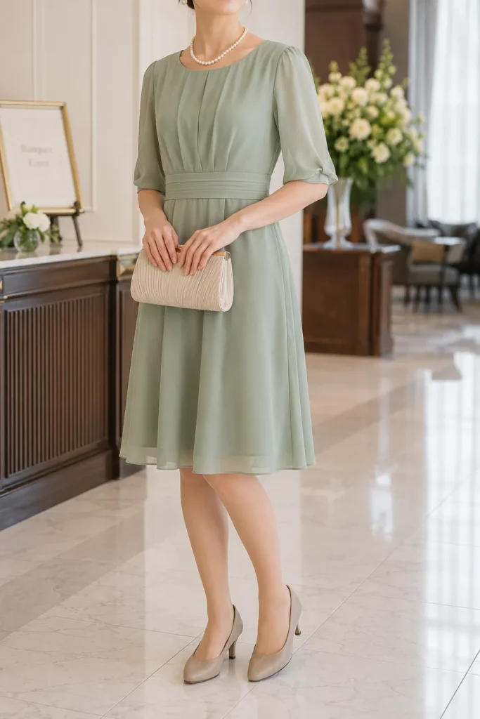 結婚式の平服指定に合わせた女性の服装例。膝丈のセージグリーンのシフォンワンピースにパールのネックレス、ベージュのパンプス