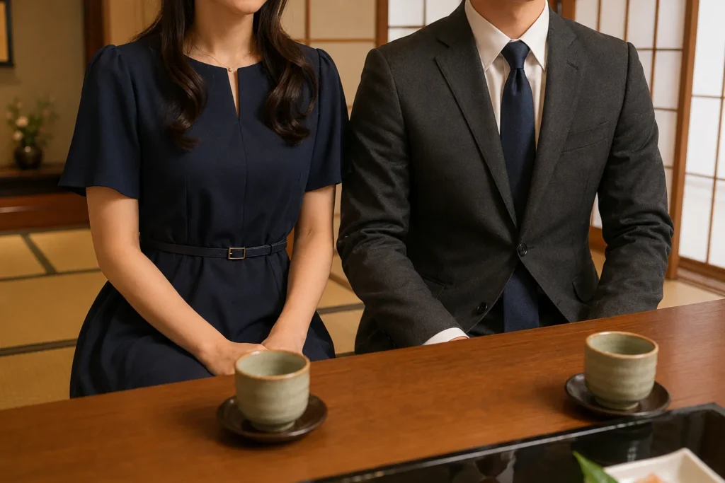 両家顔合わせの服装例。女性は膝丈のネイビーのワンピース、男性はダークグレーのスーツにネクタイ