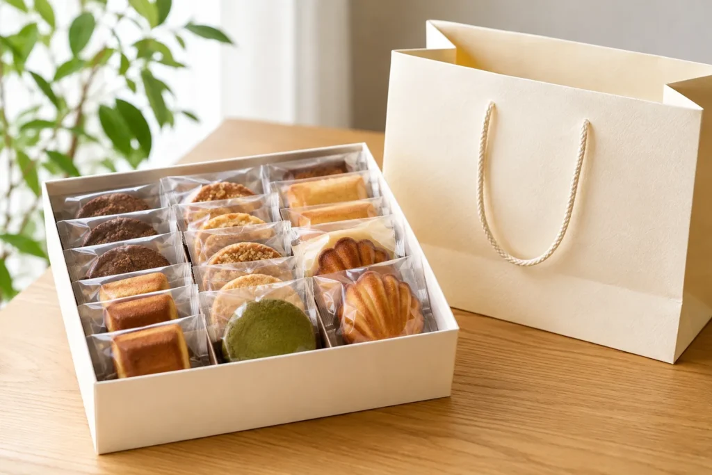 木のテーブルに置かれた、個包装の焼き菓子が並んだ白い箱と、隣に立てたクリーム色の紙袋