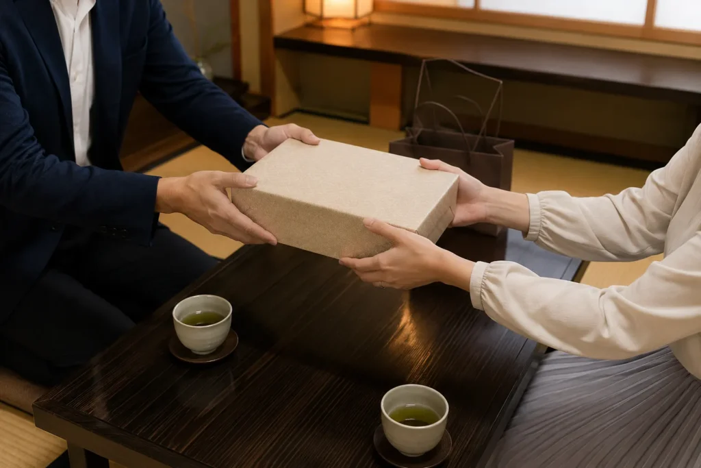 座敷の個室で、座卓越しに包みを両手で差し出す男性と、両手で受け取る女性。二人とも顔は写っていない。奥にたたんだ紙袋が置かれている