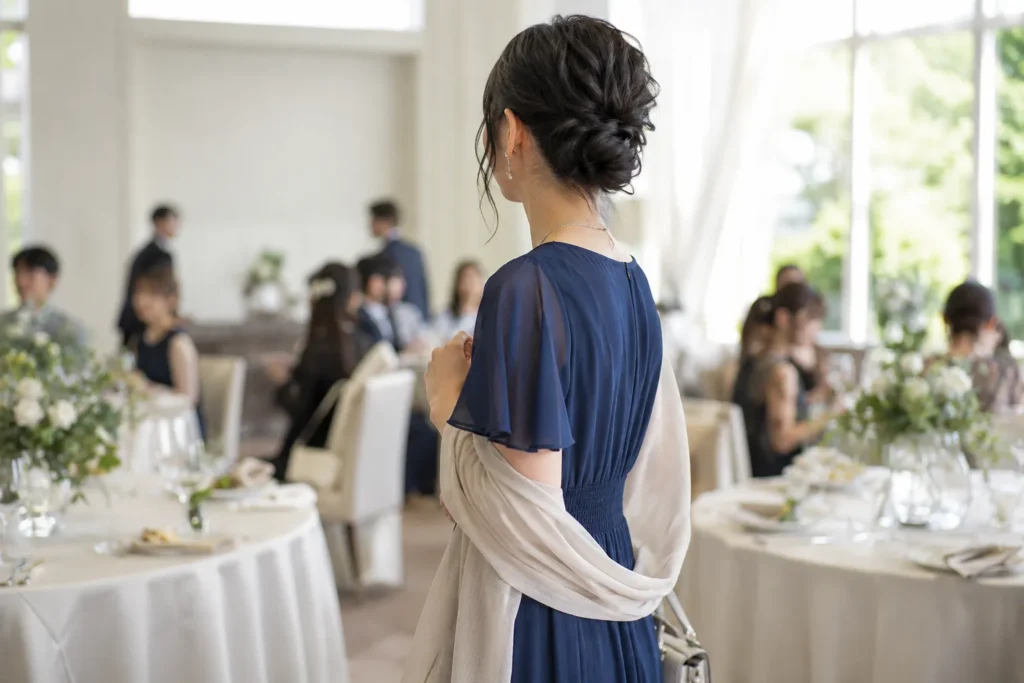 披露宴会場で、薄手のネイビーのドレスにベージュのショールを肩から掛けた女性の後ろ姿。窓の外には緑が見える