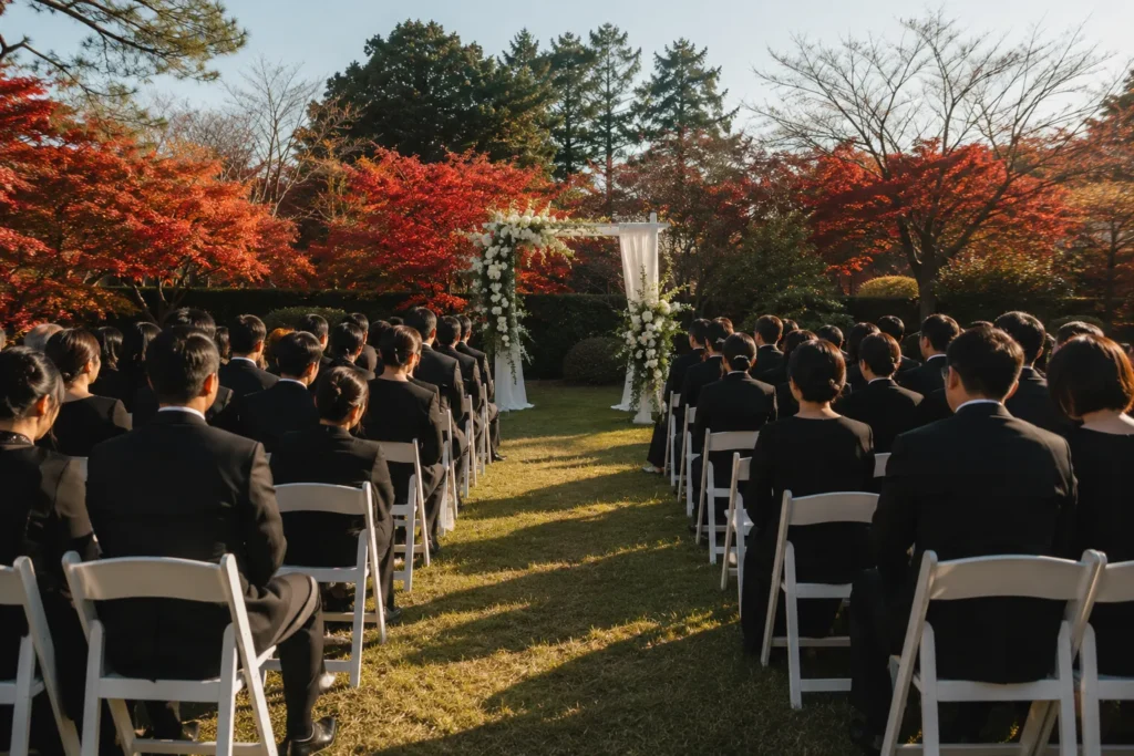 紅葉した木々を背に、芝生に並べた白い椅子とゲスト、奥に白い花のアーチが見える屋外の挙式。低い西日が長い影を作っている