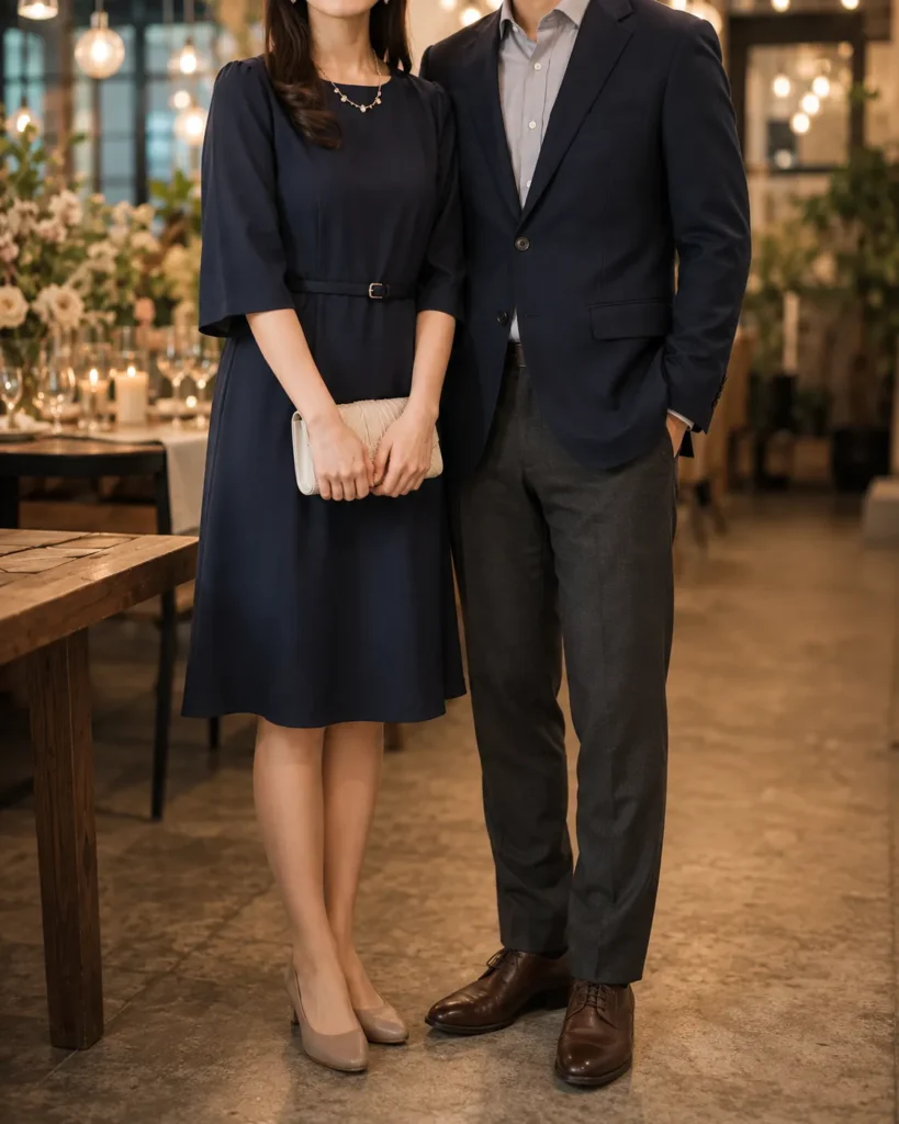 結婚式二次会の服装例。男性はネイビーのジャケットにライトグレーのシャツとチャコールのスラックス、女性は膝丈のネイビーのワンピース
