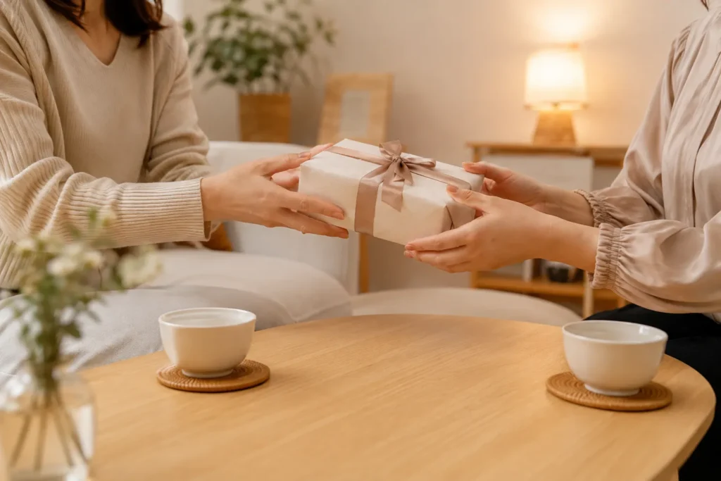 自宅のテーブル越しに、リボンをかけた包みを両手で差し出す人と、両手で受け取る人。二人とも顔は写っていない