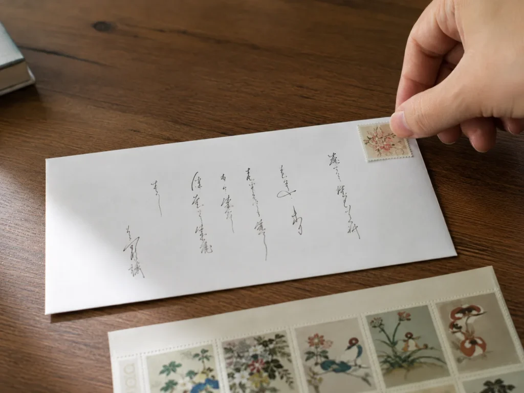 濃い色の木の机に置かれた白い封筒に、花の絵柄の切手を貼ろうとしている手元。封筒には毛筆の宛名が縦書きされているが文字は読み取れない。手前に切手のシートが置かれている
