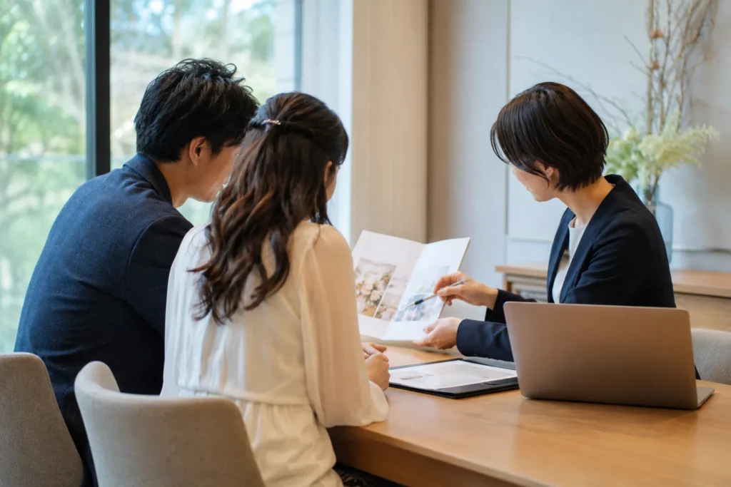 明るい打ち合わせスペースで、資料を見ながらプランナーと話す新郎新婦の後ろ姿