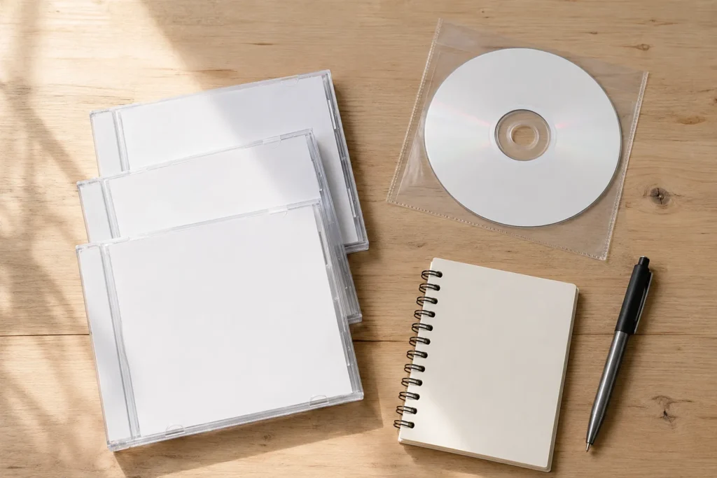木のテーブルに並べた無地のCDケース3枚、袋に入ったCD-R、ノートとボールペン