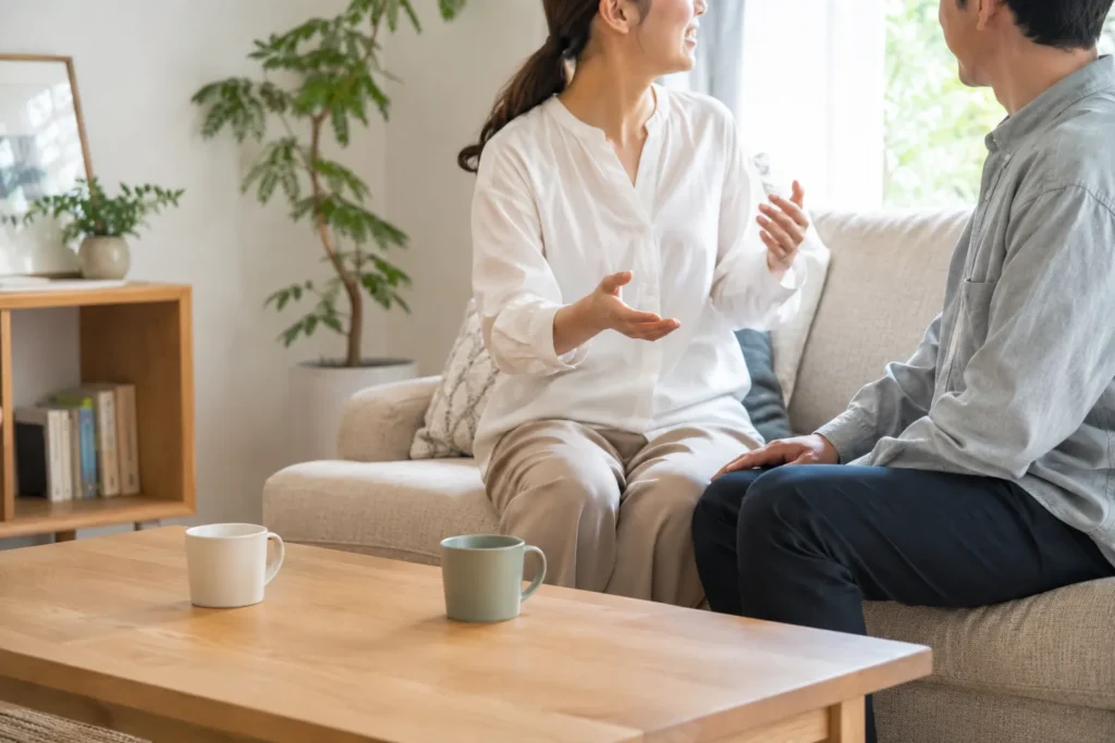 自宅のリビングでソファに並んで座り、向き合って話している二人。テーブルにマグカップが2つ置かれている