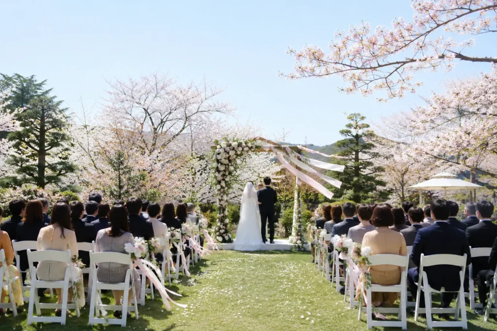 桜が満開の庭で行われている屋外の挙式。白い椅子に座るゲストの後ろ姿と、風になびくピンクと白のリボンが見える
