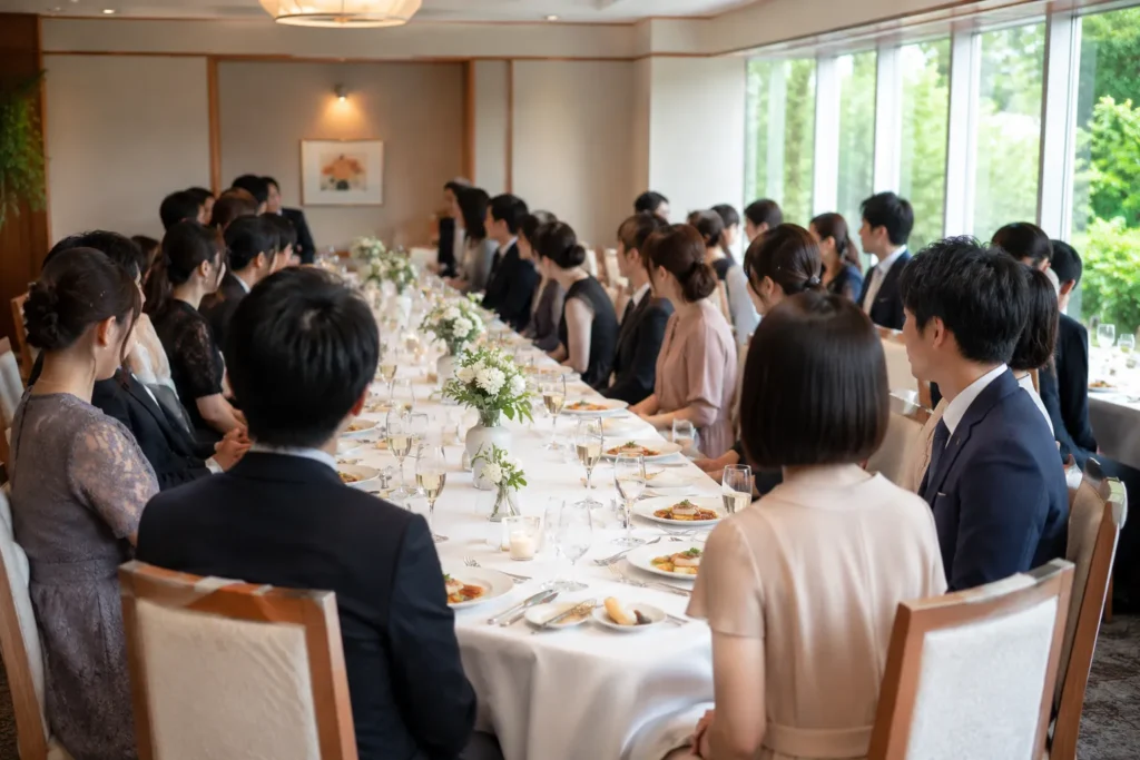 レストランの明るい個室で、白いクロスをかけた長いテーブルに20人以上が向かい合って着席している。高砂はなく全員が同じ高さの席に着いている。テーブルには白と緑の花、コース料理の皿とグラスが並ぶ。人物は後ろ姿と横向きで顔ははっきり写っていない。窓の外は緑