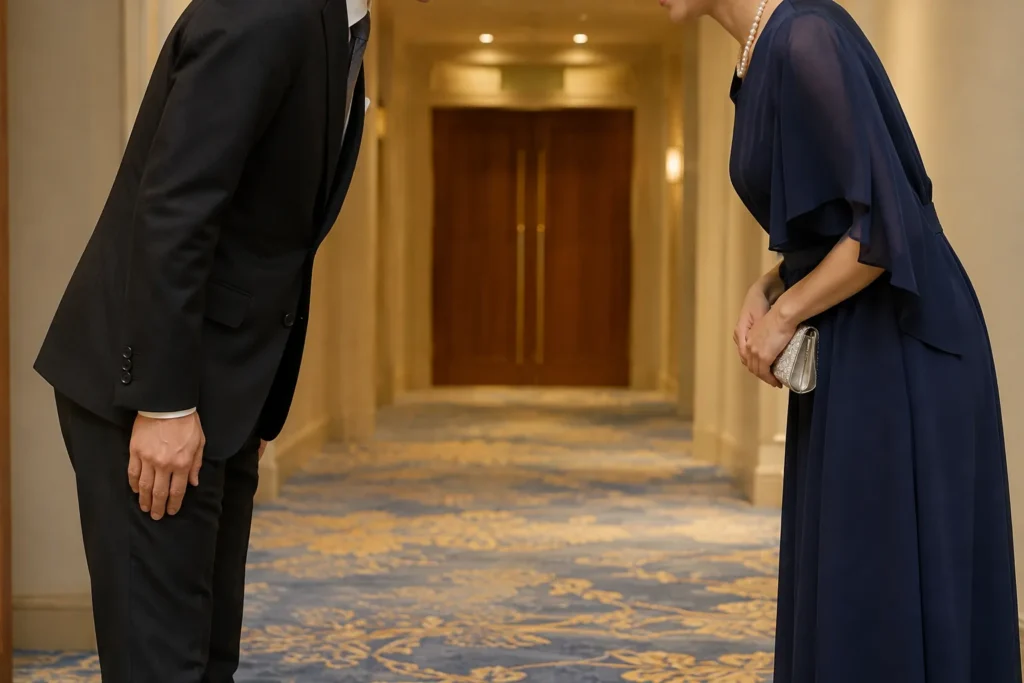 ホテルの廊下で向かい合い、腰を折って挨拶する黒い礼服の男性と紺のフォーマルドレスの女性。二人とも顔は写っていない