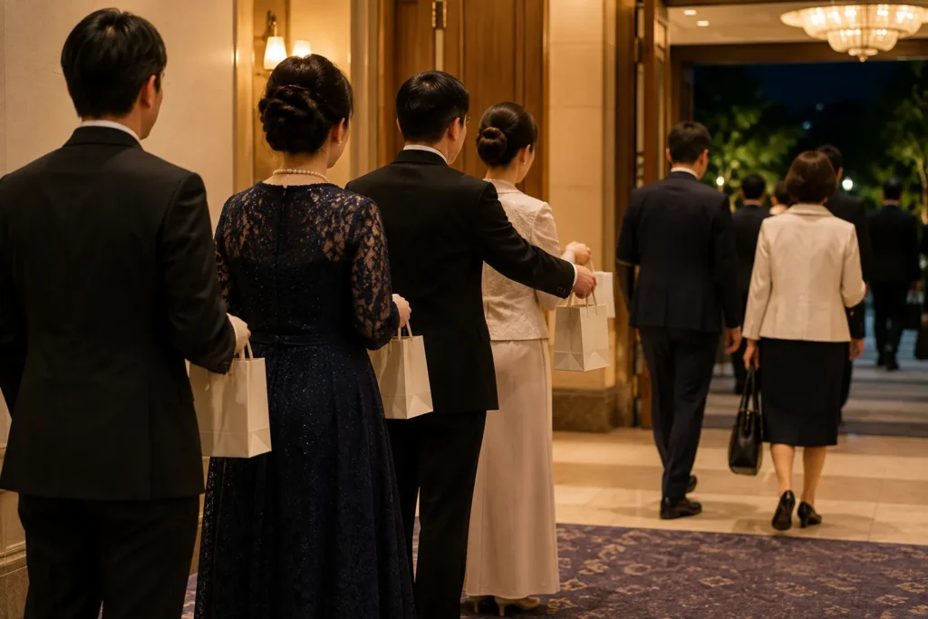 披露宴会場の出口で、引き出物の紙袋を持って並ぶ礼服姿の人たちと、外へ向かうゲストの後ろ姿