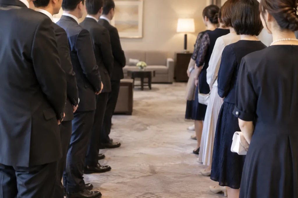 ホテルの控室で二列に向かい合って立つ礼服姿の親族たち。全員が後ろ姿と横向きで顔は写っていない