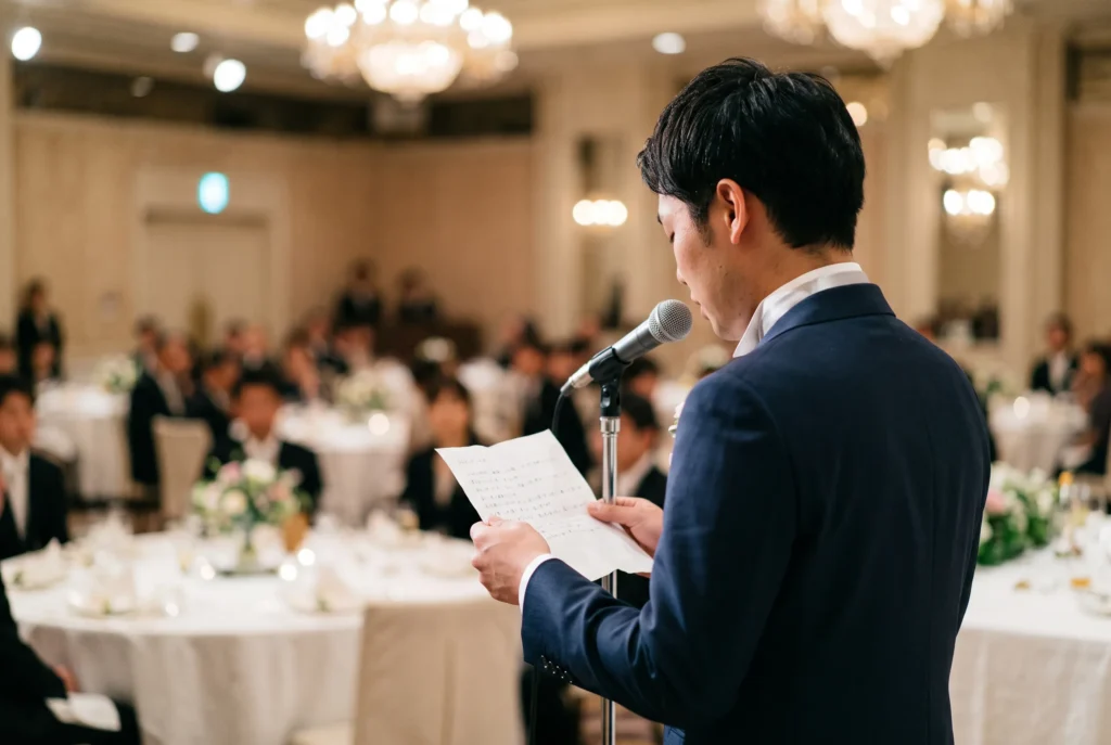 披露宴会場でマイクの前に立ち、手に持った原稿を見ながらスピーチをする紺色のスーツの男性。後方のゲストテーブルはぼかされている