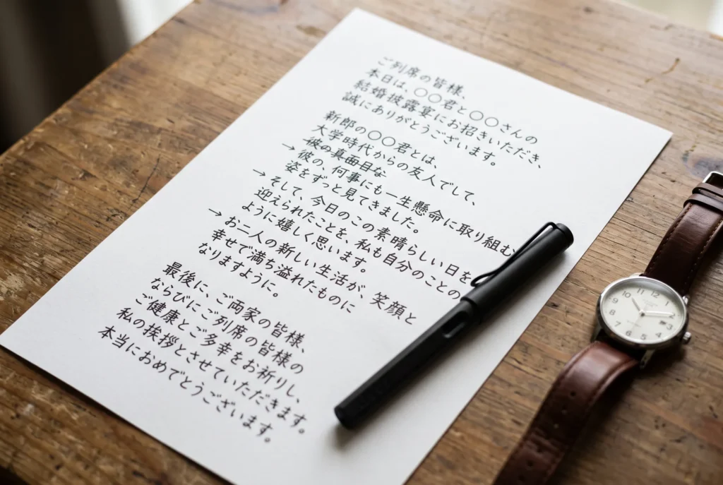 木のテーブルに置かれた手書きのスピーチ原稿。万年筆と腕時計が並び、原稿には書き直した跡が残っている