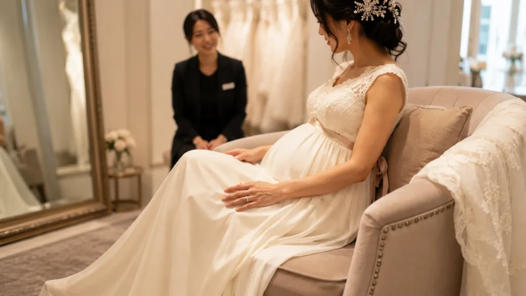 妊娠中の花嫁がアームチェアに座り、スタッフと向き合って試着を確認している控室の写真