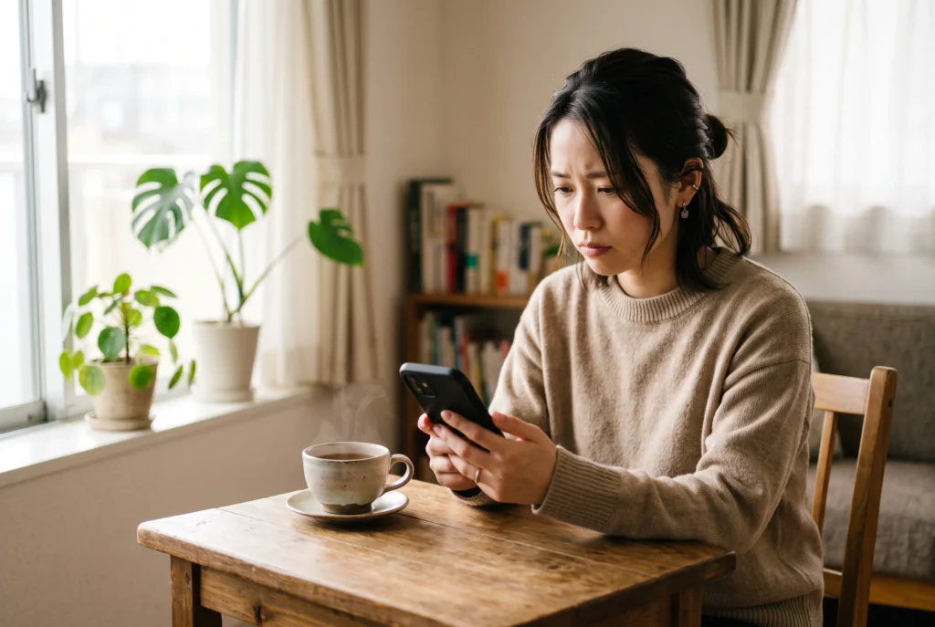 自宅のテーブルでスマートフォンを手に持ち、思案するような表情でメッセージを見ている女性