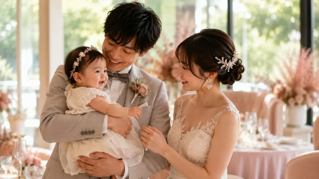 披露宴会場で赤ちゃんを抱く新郎と、隣で微笑む新婦